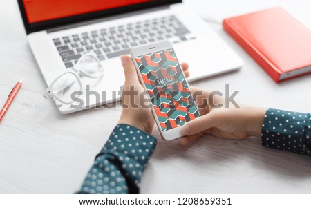 Top view tablet, smartphone, computer. Digital technology. Innovative implementation in business. Internet applications. Tablet phone and camera. Developing. Vibrant colors
