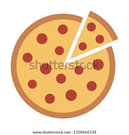 Whole pepperoni pizza pie with loose slice flat vector color icon for food apps and websites