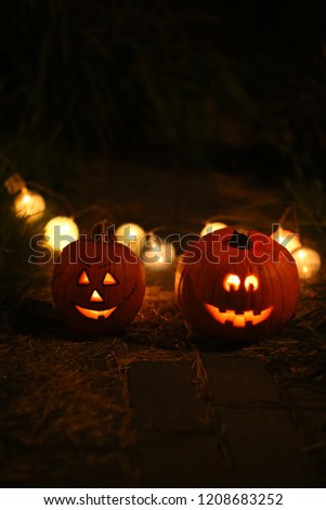 Scarved jack-o-lanterns are standing on the grass at night with lights. Happy Halloween Pumpkin. Night.