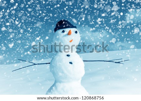 Snow man in santa cap on nature in sunny cold day Royalty-Free Stock Photo #120868756