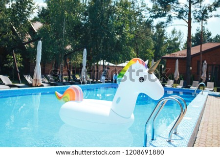 Rainbow coloured inflatable unicorn floating in a swimming pool in the summer. White inflatable unicorn in the pool. Royalty-Free Stock Photo #1208691880