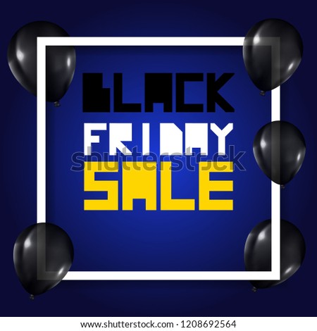 Black Friday Sale Poster with Dark Shiny Balloons on Blue Background  with Square Frame 