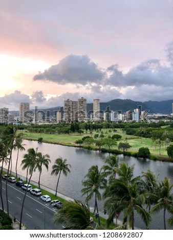 Just before sunset overlooking Waikiki, Hawaii. 