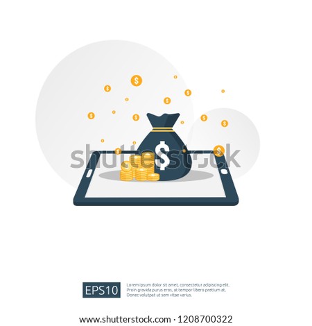 dollar pile stack and money bag on smartphone. concept for business investment, digital mobile wallet, Internet banking, make profit online, wireless transfer payment. flat style vector illustration