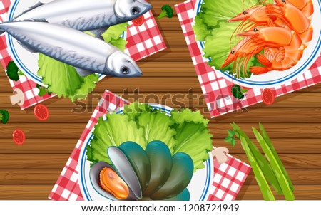 Seafood set on wooden table illustration