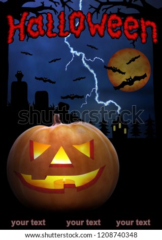 Halloween night Poster with Big Red Text. Pumpkin Scary Face in the dark. Dark blue tone. Horror! Place for your text.