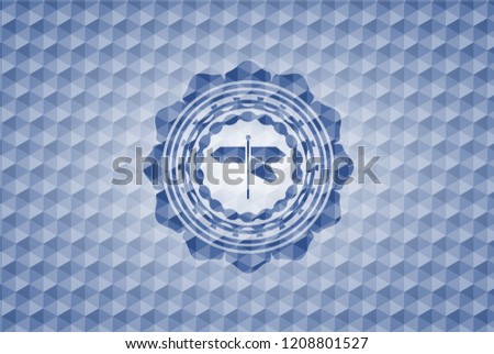 directions sign icon inside blue emblem with geometric pattern.