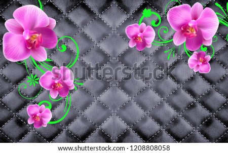 Black background, leather sewing, large pink flowers