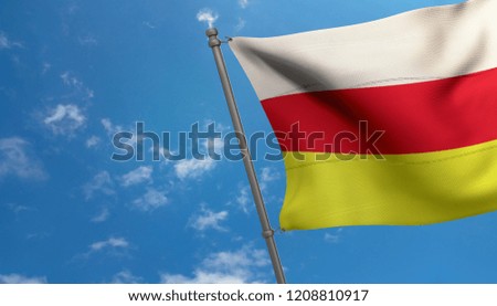 North Ossetia national flag on blue sky background.