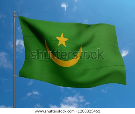 Mauritania national flag on blue sky background.