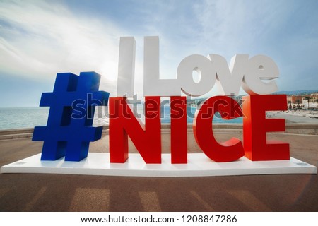  hashtag I Love Nice sign with the view of English Promenade, most famous touristic place Royalty-Free Stock Photo #1208847286