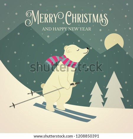Beautiful retro Christmas card with polar bear skier. Flat design. Vector