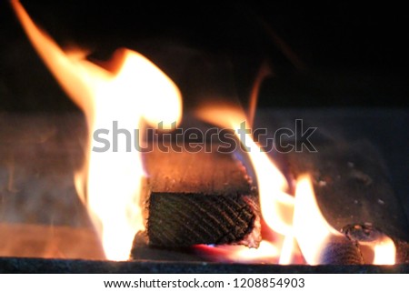 beautiful red fire on black coals, close-up