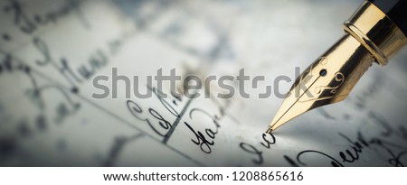 Fountain pen on an vintage handwritten letter. Old history background. Retro style. Royalty-Free Stock Photo #1208865616