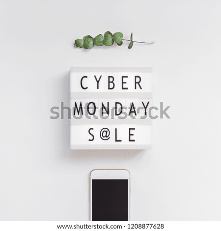 Creative Top view flat lay promotion composition Cyber Monday sale text on lightbox smartphone white background copy space Square Template Cyber Monday sale mockup thanksgiving promotion advertising