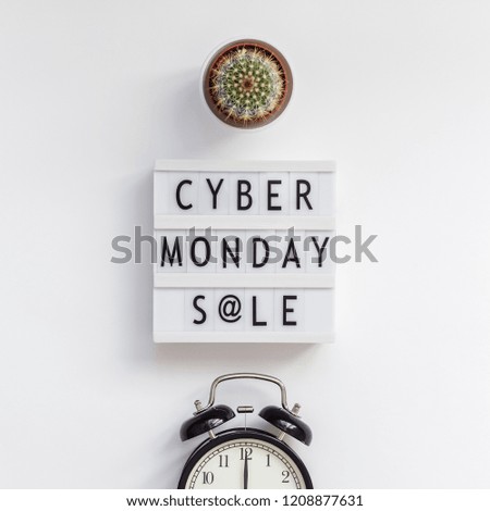 Creative Top view flat lay promotion composition Cyber Monday sale text on lightbox alarm clock white background copy space Square Template Cyber Monday sale mockup thanksgiving promotion advertising