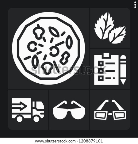 Set of 6 view filled icons such as d glasses, basil, pizza, lorry, notepad