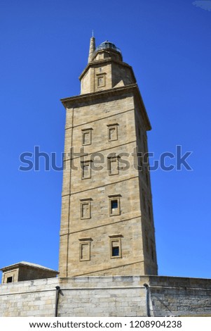 Torre de Hercules. Roman lighthouse in use. Blue sky, La Coruña, Spain.