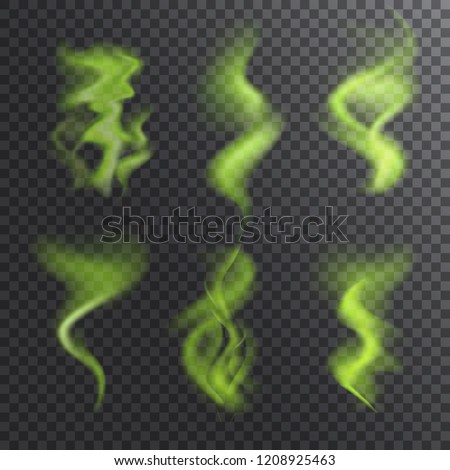 Bad smell, stench, whiff or steaming vapor collection. Realistic vector set of green steam waves, odor symbols, shitty toxic mist for illustrations with smoky effect Royalty-Free Stock Photo #1208925463