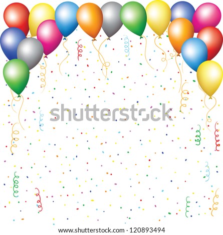 happy birthday background with balloons, confetti and serpentine