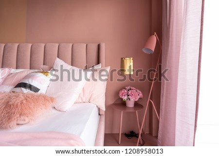 Cozy Pink Bedroom corner with baby pink velvet fabric bed decorated by blanket, pillows and pink floor lamp with two-tone pink painted wall on the background/interior bedroom furniture concept   Royalty-Free Stock Photo #1208958013