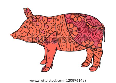 Colored pig on white. Zentangle. Hand drawn animal with intricate patterns on isolated background. Design for spiritual relaxation for adults. Print for banners, t-shirts and textiles. Zen art