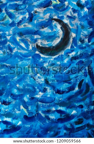 black moon in the blue sky - Oil hand brush painting close-up Abstract blue backgroung, large brush strokes on canvas. Fine art watercolor textures backdrop artwork