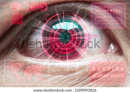 Eye retina with Warning Red futuristic digital hologram. Biometrics and access concept. Double exposure