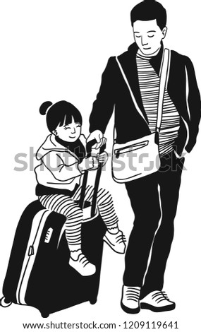 The father is strolling the baggage while he's little daughter is riding on it.