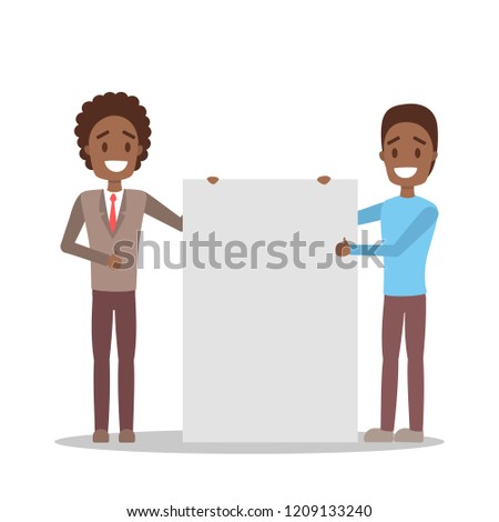 Business african american character standing behind blank white paper sheet. Empty banner for message. Vector flat illustration