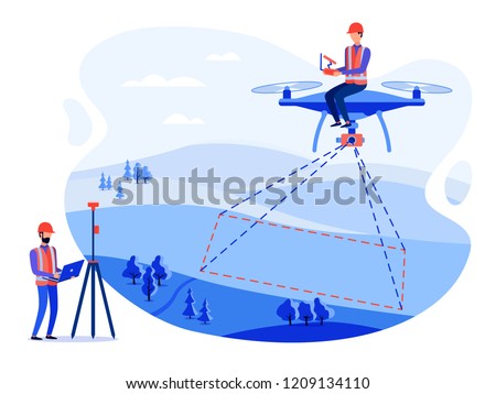 Concept cadastral engineers, surveyors and cartographers make geodetic measurements using a drone, copter. Vector flat illustration. Royalty-Free Stock Photo #1209134110