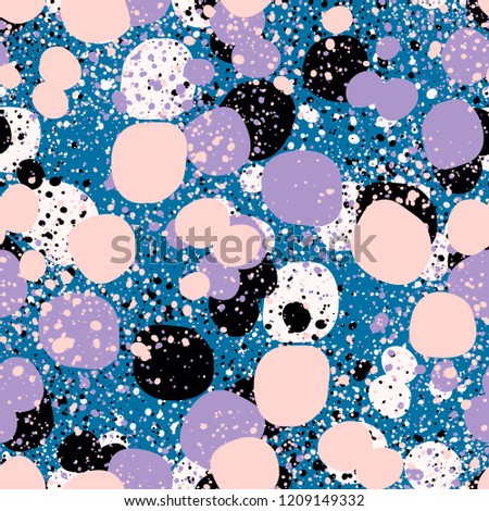 Vector seamless paint splatter pattern. Grunge spotted background with paint blobs. Backdrop with paint splashes. Colorful repetitive textile pattern.