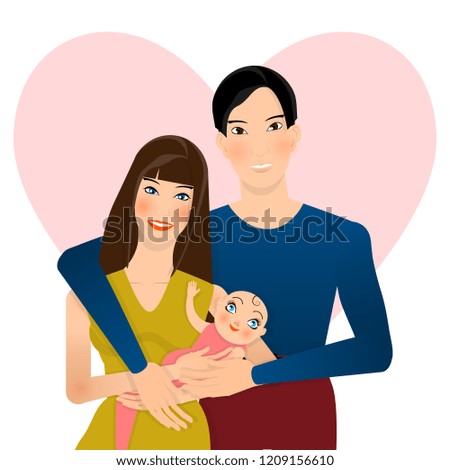 young hipster family with father, mother and a baby, pink heart on background
