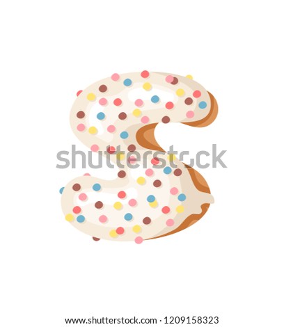Cartoon vector illustration Donut Letters S. Hand drawn font with sweet bun. Actual Creative art bake alphabet 