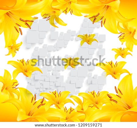 Bright background, large yellow lilies, gray three-dimensional squares
