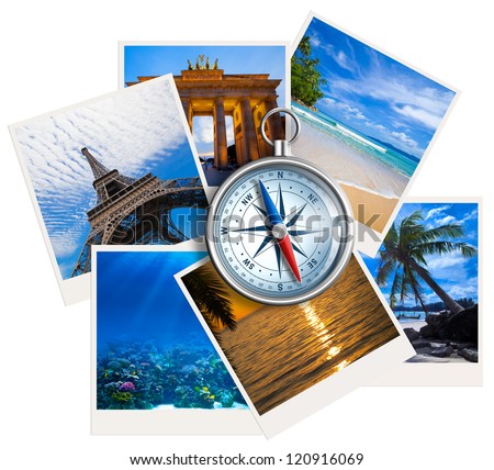 Traveling photos collage with compass on white background Royalty-Free Stock Photo #120916069
