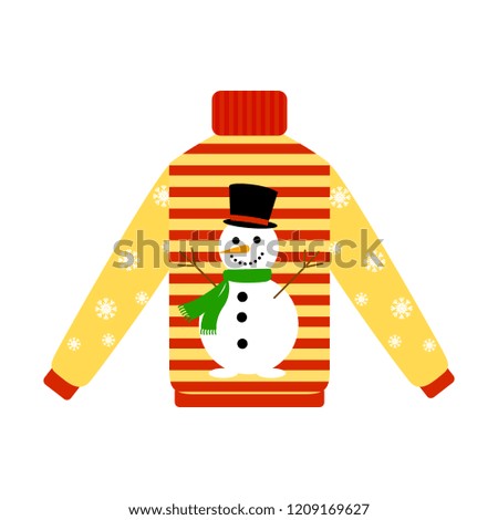 Cute warm red and yellow christmas sweater for winter weather. Xmas pullover or jumper with snowman. Holiday cozy outfit. Vector illustration in cartoon style.