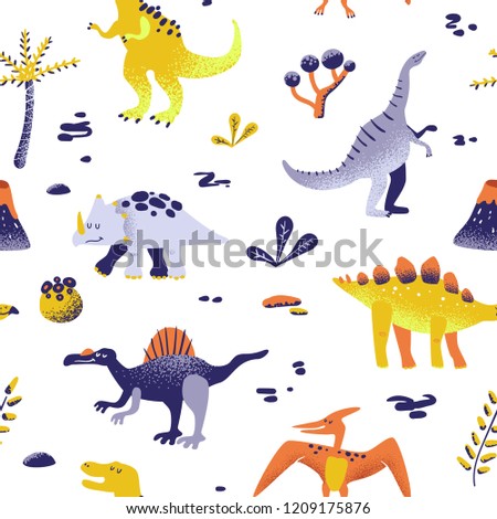 Seamless cute cartoon dinosaurs pattern. Vector baby dino background texture. Backdrop for textile, fabric, wallpaper print