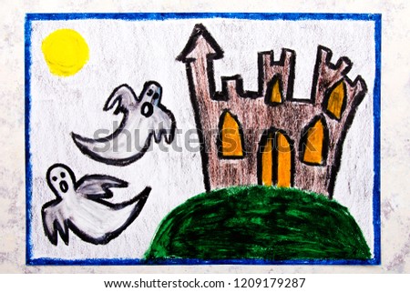 Colorful hand drawing: Old scary castle and two ghosts at night. Halloween drawing on white  background