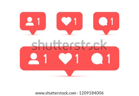 Social media Instagram modern like 1, follower 1, comment 1 red color. Like, follower, comment button, icon, symbol, ui, app, web. Vector illustration. EPS 10.