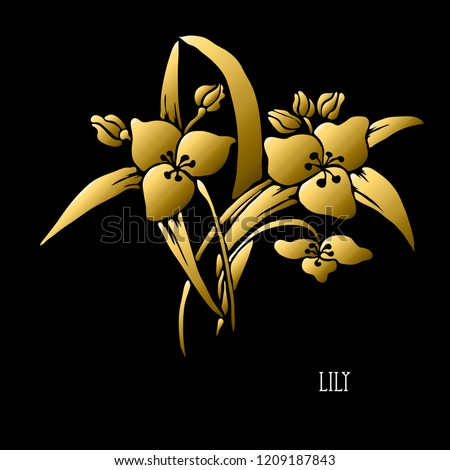 Decorative lily flowers, design elements. Can be used for cards, invitations, banners, posters, print design. Golden flowers