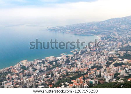 Overhead view of the Mediterranean Sea and the buildings around Jounieh Bay in Beirut Lebanon