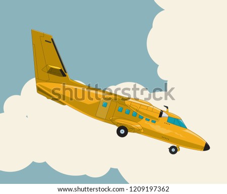 Airplane flying over sky with clouds in vintage color stylization. Old retro yellow airplane designed for poster printing. Balsa wood wings, model hobby. Master vector illustration