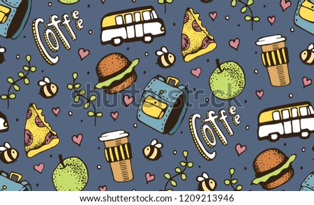 Seamless pattern with travel elements: coffee, backpack, apple, burger, pizza and hippie van. The idea of fabric or wrapping paper.