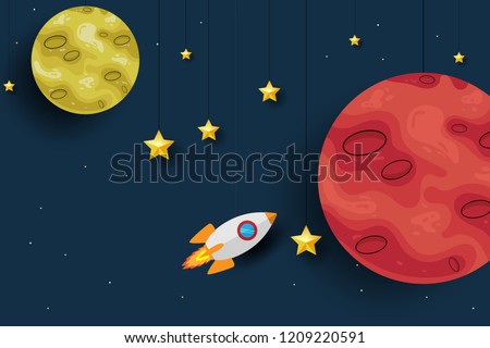 Mars planet with rocket paper art design background. Cute design. Cartoon space background. Vector illustration. EPS 10