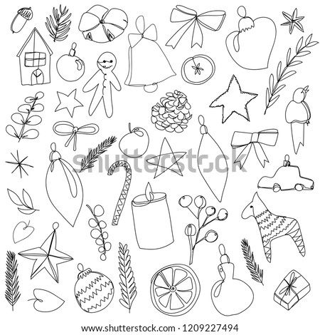 Vector set of one line christmas drawings, bows, berries, christmas tree, candle, fruits, stars and flowers