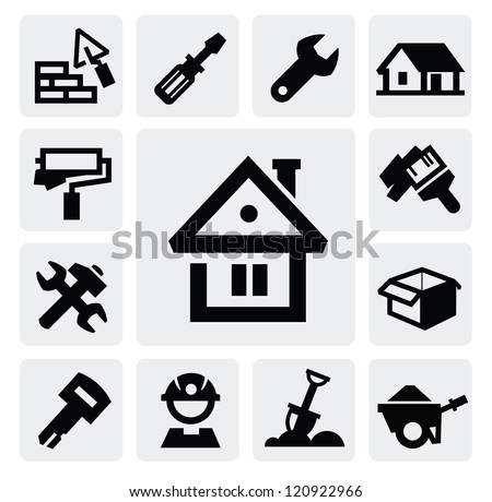 vector black construction icons set on gray