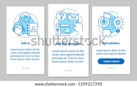 Call center onboarding mobile app page screen with linear concepts. Helpdesk, hotline. Customer service steps graphic instructions. UX, UI, GUI vector template with illustrations