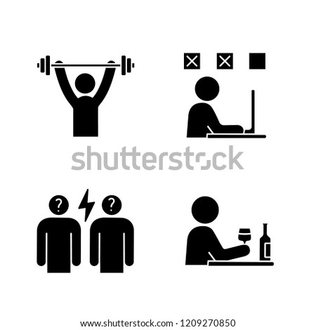 Emotional stress glyph icons set. Sport exercise, making mistakes, conflict, alcoholism. Silhouette symbols. Vector isolated illustration