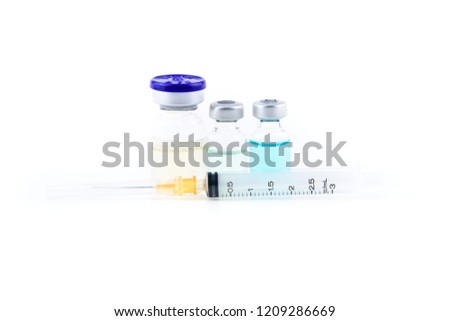 Vaccine and disposable syringe on white background, drug concept